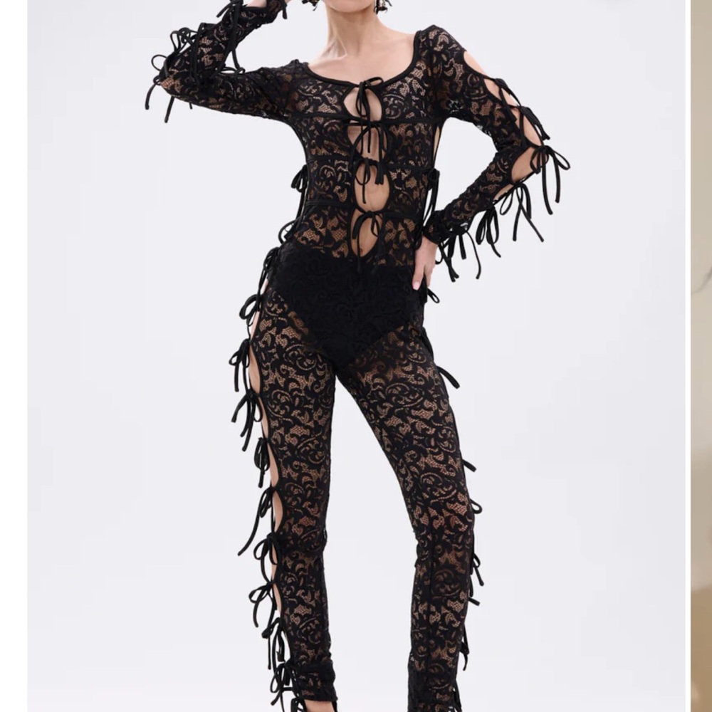AKIRA BADDIE ALERT LACE JUMPSUIT WITH TIES Size 2X
